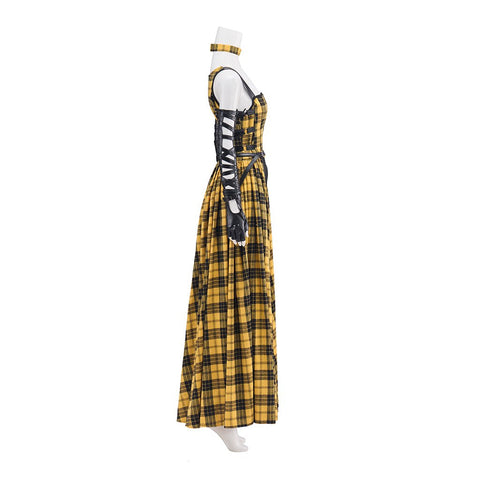 Punk Rock Women's Yellow Plaid Long Dress with Leather Sleeves - Coscosmos