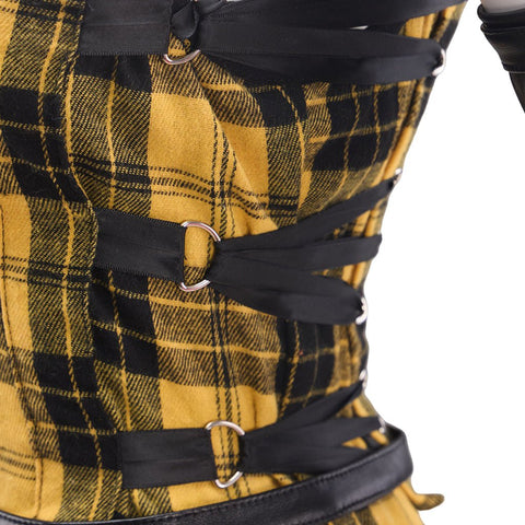 Punk Rock Women's Yellow Plaid Long Dress with Leather Sleeves - Coscosmos