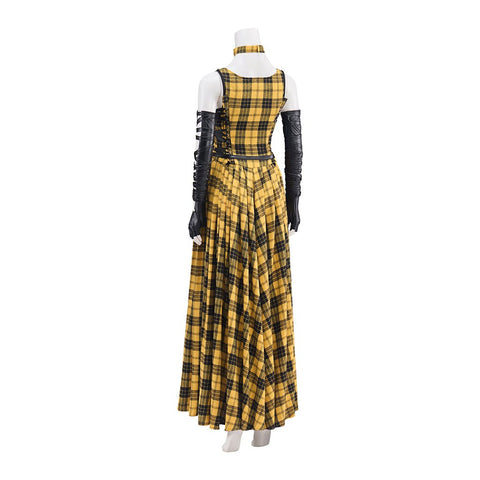 Punk Rock Women's Yellow Plaid Long Dress with Leather Sleeves - Coscosmos