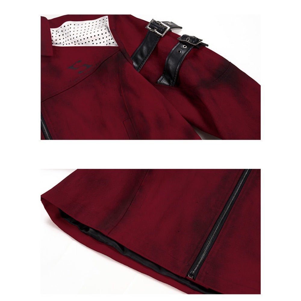 SEE Dark Pioneer Red Dirty Wash Short Denim Jacket Men Spring Punk Style Patch Leather Tie Design Casual Coat - Coscosmos