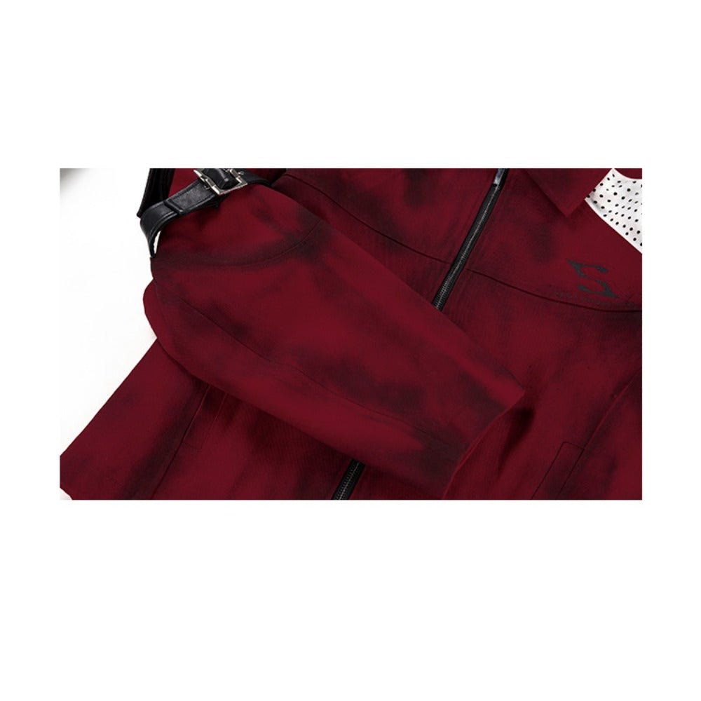 SEE Dark Pioneer Red Dirty Wash Short Denim Jacket Men Spring Punk Style Patch Leather Tie Design Casual Coat - Coscosmos
