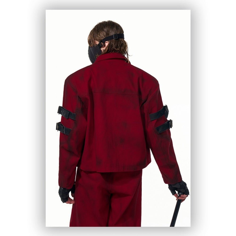 SEE Dark Pioneer Red Dirty Wash Short Denim Jacket Men Spring Punk Style Patch Leather Tie Design Casual Coat - Coscosmos