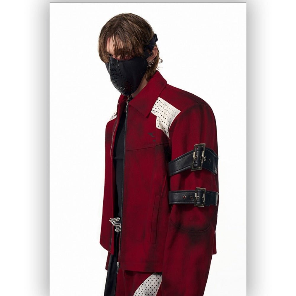 SEE Dark Pioneer Red Dirty Wash Short Denim Jacket Men Spring Punk Style Patch Leather Tie Design Casual Coat - Coscosmos