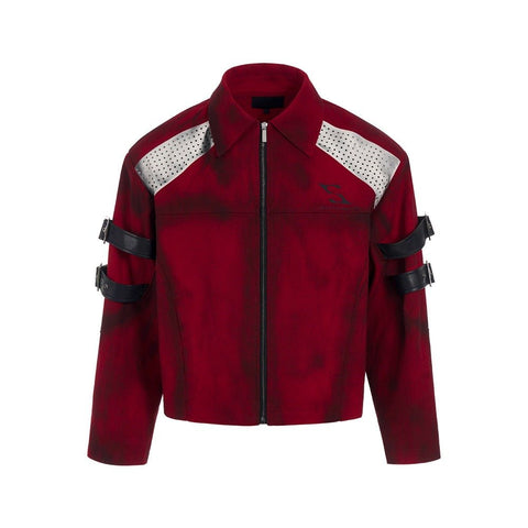 SEE Dark Pioneer Red Dirty Wash Short Denim Jacket Men Spring Punk Style Patch Leather Tie Design Casual Coat - Coscosmos