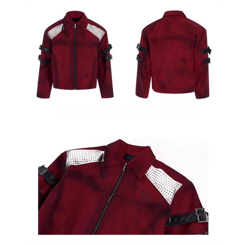 SEE Dark Pioneer Red Dirty Wash Short Denim Jacket Men Spring Punk Style Patch Leather Tie Design Casual Coat - Coscosmos