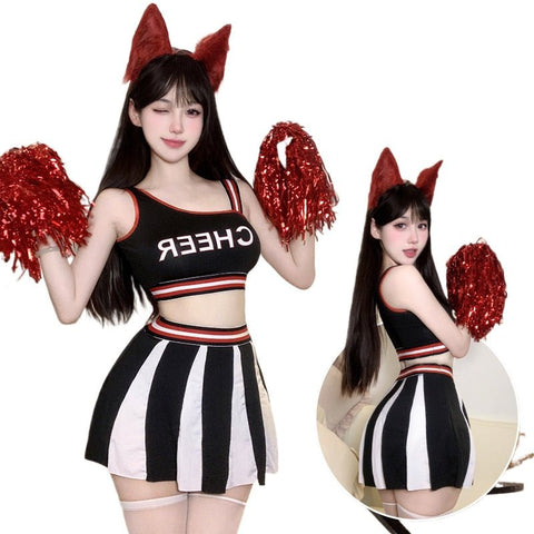 Sexy Cheerleader Outfit - Letter Print Crop Top and Color - Block Slim Fit Skirt Set - Coscosmos