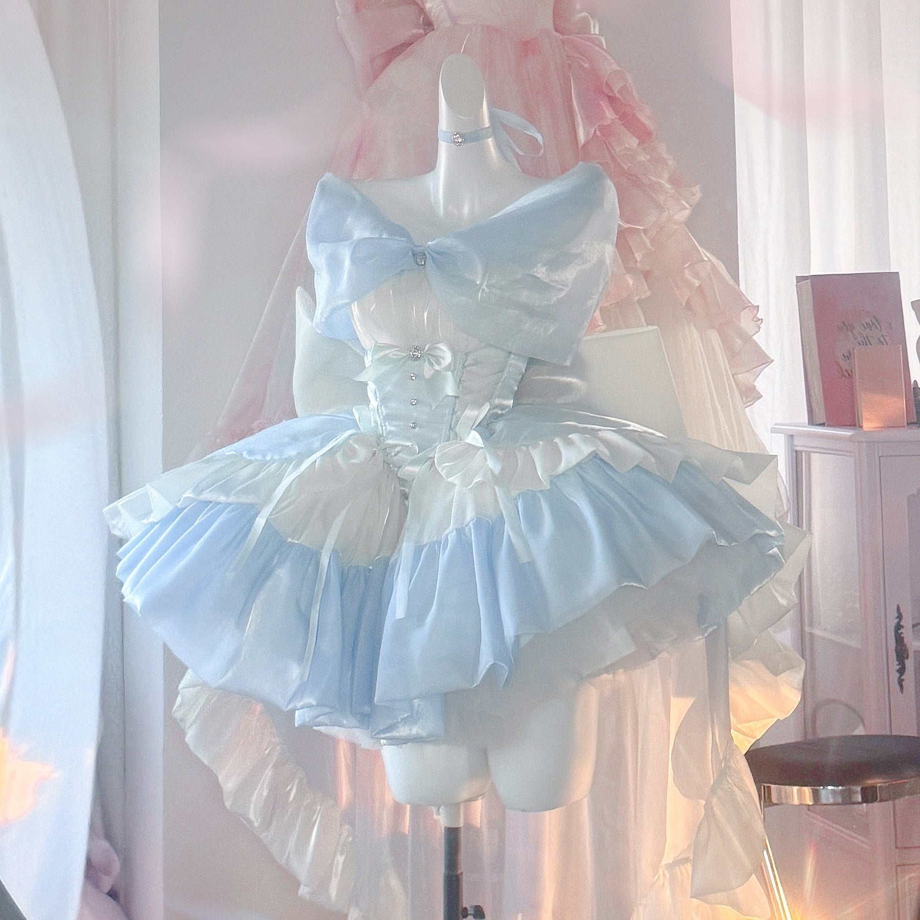 Skyward Dream·Blue Dreamy Lace Off - Shoulder Sequin Mini Dress - Elegant Performance Costume and Party Gown - Coscosmos