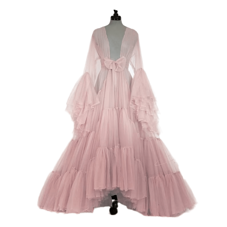 Soft Chiffon Ruffle Sleeve Layered Hem Long Robe Dress Purple Multi - Color Bridesmaid Maternity Pregnancy Gown Pink - Coscosmos