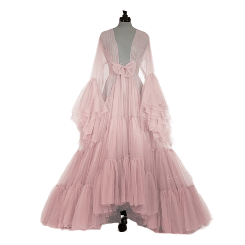 Soft Chiffon Ruffle Sleeve Layered Hem Long Robe Dress Purple Multi - Color Bridesmaid Maternity Pregnancy Gown Pink - Coscosmos