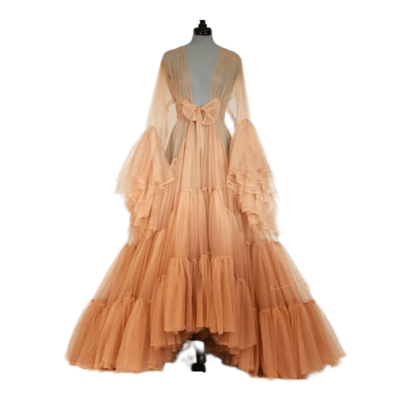 Soft Chiffon Ruffle Sleeve Layered Hem Long Robe Dress Purple Multi - Color Bridesmaid Maternity Pregnancy Gown Pink - Coscosmos