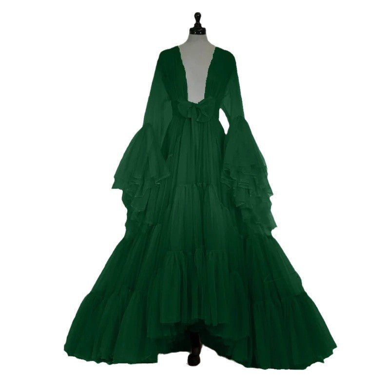 Soft Chiffon Ruffle Sleeve Layered Hem Long Robe Dress Purple Multi - Color Bridesmaid Maternity Pregnancy Gown Pink - Coscosmos