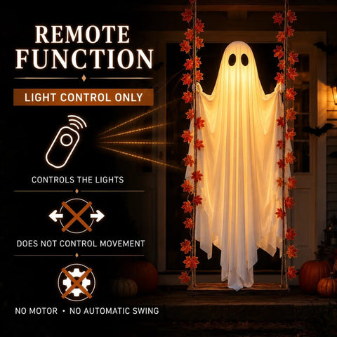 Spooky 1.2m LED Light-Up Swinging Ghost Halloween Decoration with Wooden Maple Leaf Garland, Remote Control, Hanging Outdoor Porch Decor for Yard, Tree & Party - Coscosmos