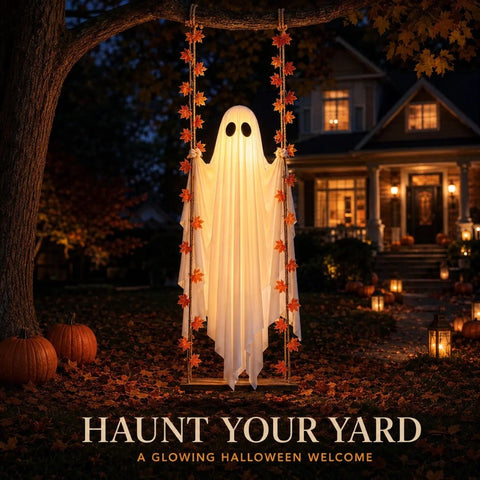 Spooky 1.2m LED Light-Up Swinging Ghost Halloween Decoration with Wooden Maple Leaf Garland, Remote Control, Hanging Outdoor Porch Decor for Yard, Tree & Party - Coscosmos