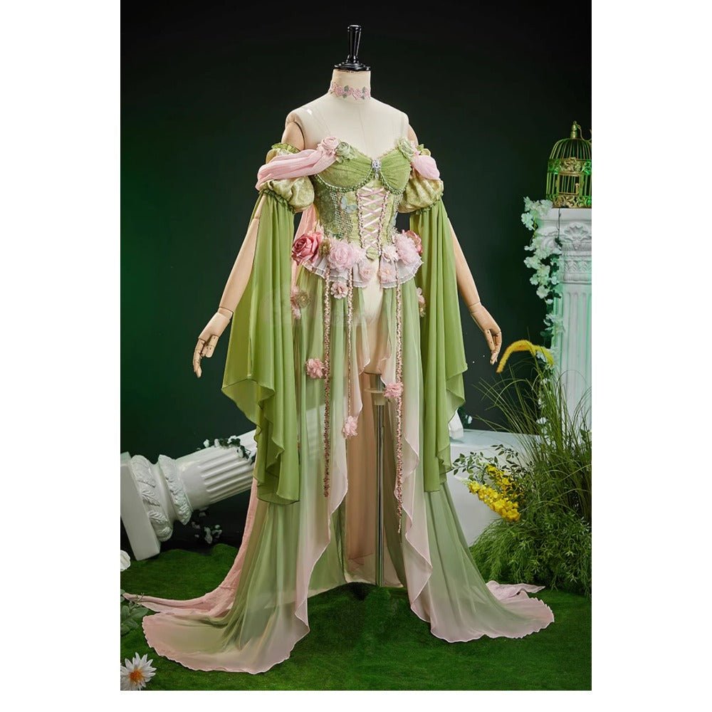 Spring Goddess Forest Elf Butterfly Floral Corset Gradient Ethereal Fairy Dress for Cosplay & Events - Coscosmos