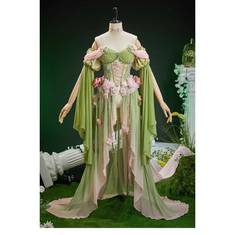Spring Goddess Forest Elf Butterfly Floral Corset Gradient Ethereal Fairy Dress for Cosplay & Events - Coscosmos