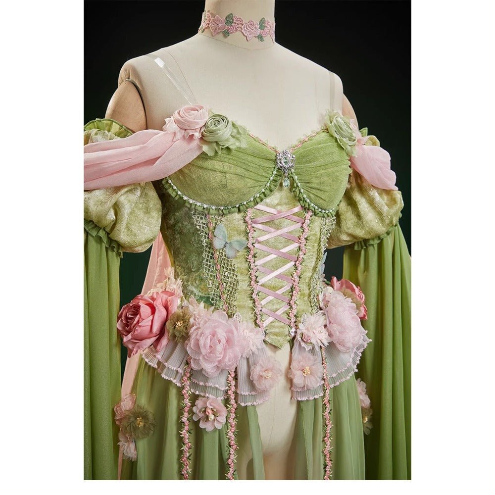 Spring Goddess Forest Elf Butterfly Floral Corset Gradient Ethereal Fairy Dress for Cosplay & Events - Coscosmos