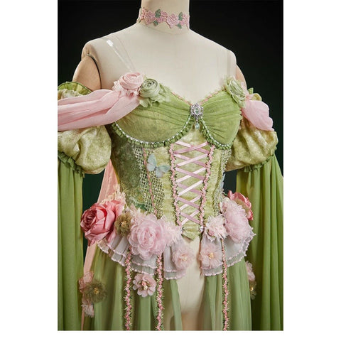 Spring Goddess Forest Elf Butterfly Floral Corset Gradient Ethereal Fairy Dress for Cosplay & Events - Coscosmos