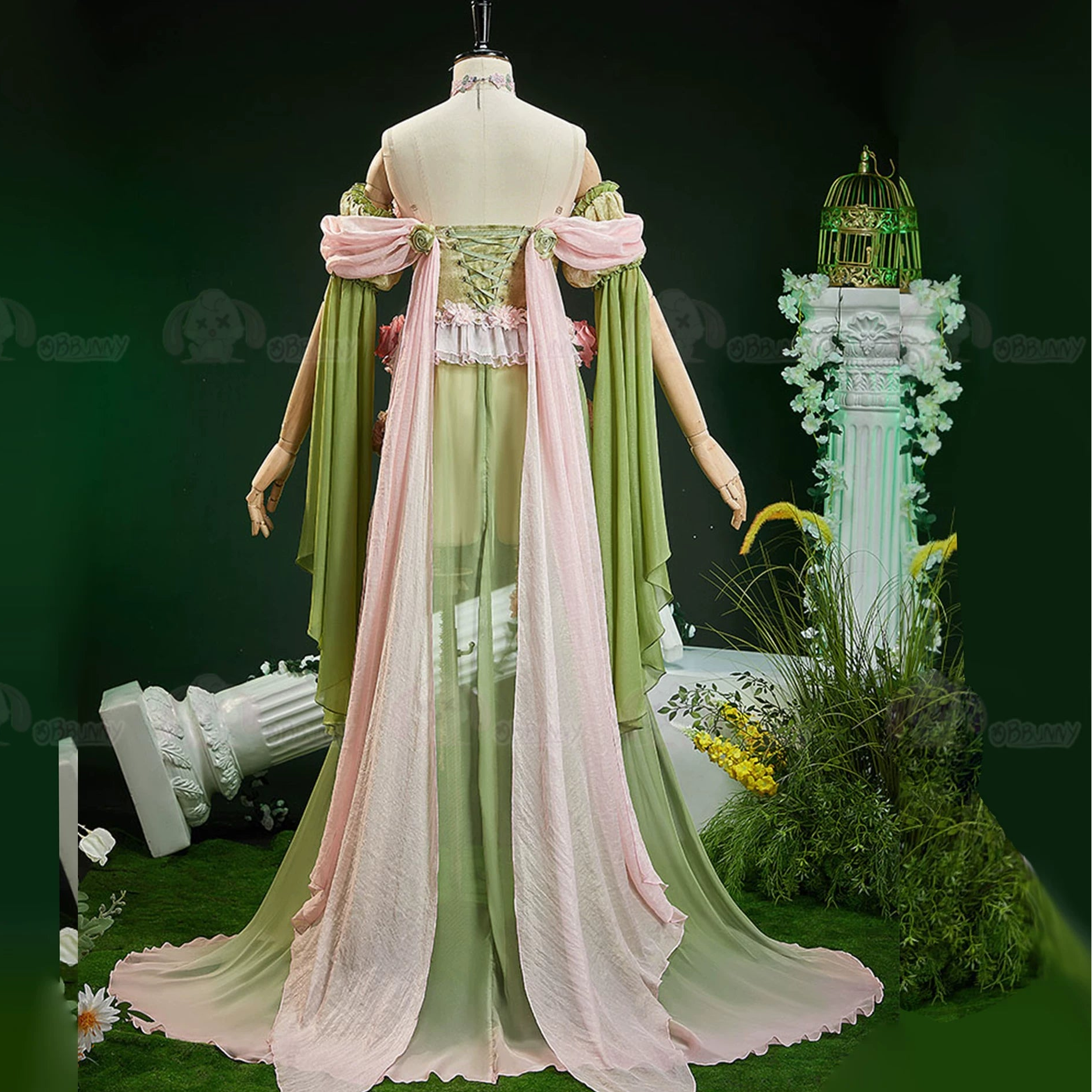 Spring Goddess Forest Elf Butterfly Floral Corset Gradient Ethereal Fairy Dress for Cosplay & Events - Coscosmos