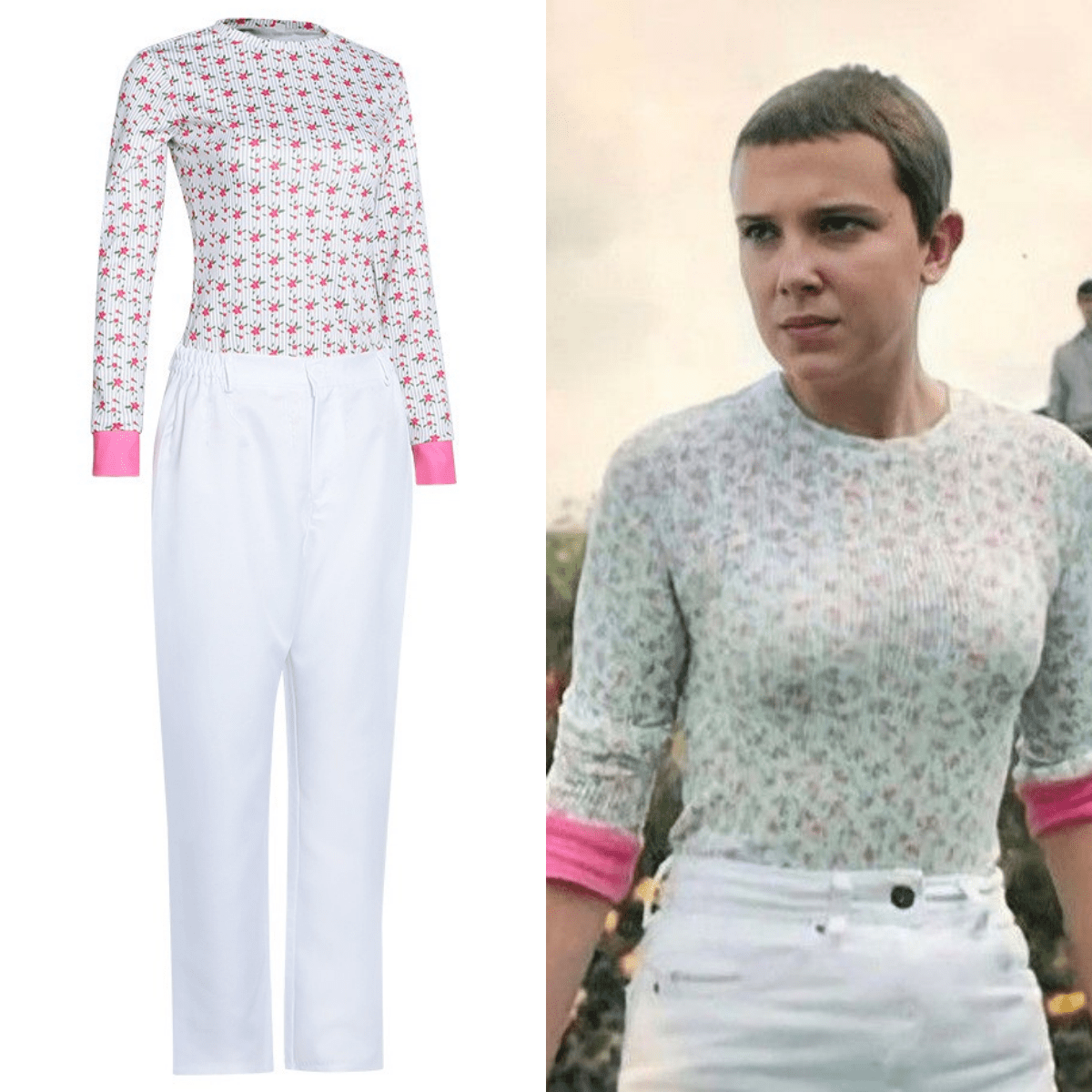 Stranger Things Eleven Floral Top and White Pants Costume Outfit for Cosplay - Coscosmos