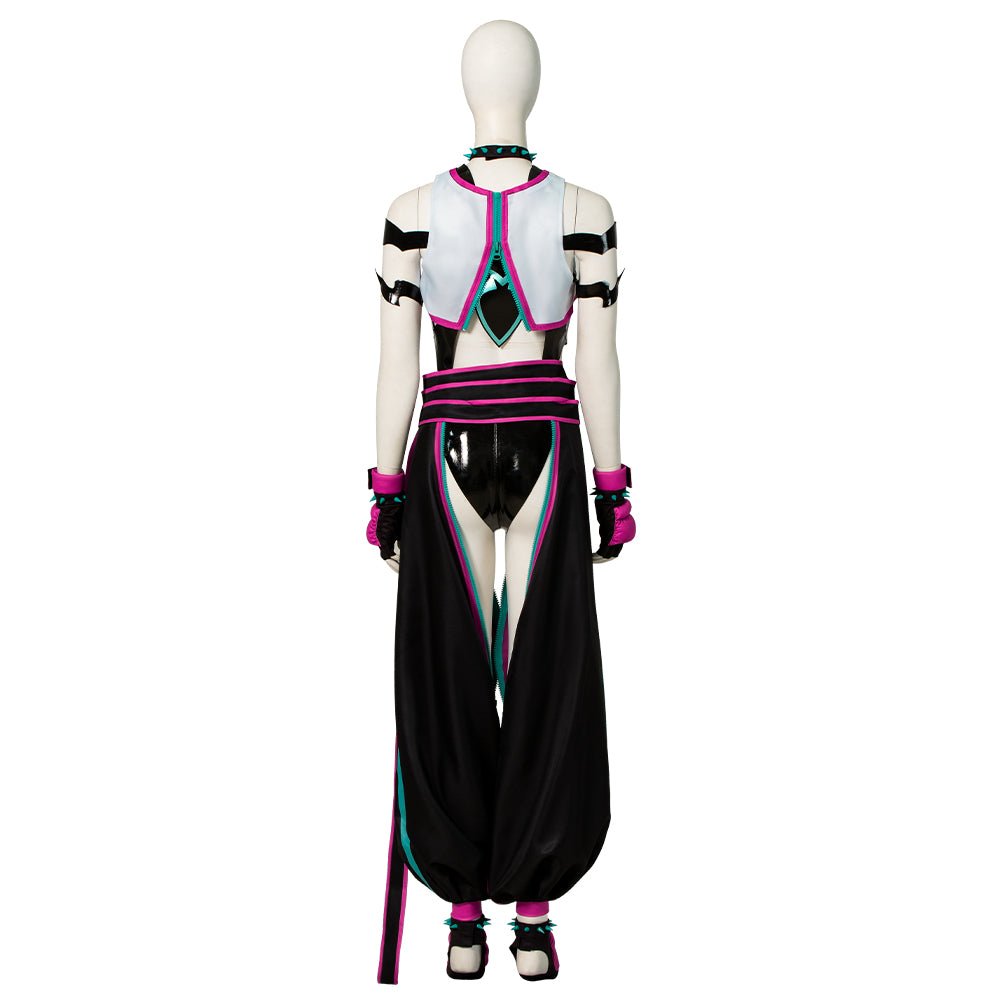 Street Fighter 6 Juri Cosplay Costume - Hollow Bodysuit Vest Pants Set with Gloves Belt - Coscosmos