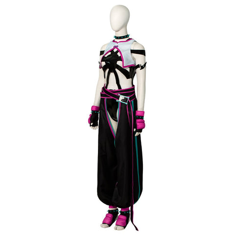 Street Fighter 6 Juri Cosplay Costume - Hollow Bodysuit Vest Pants Set with Gloves Belt - Coscosmos