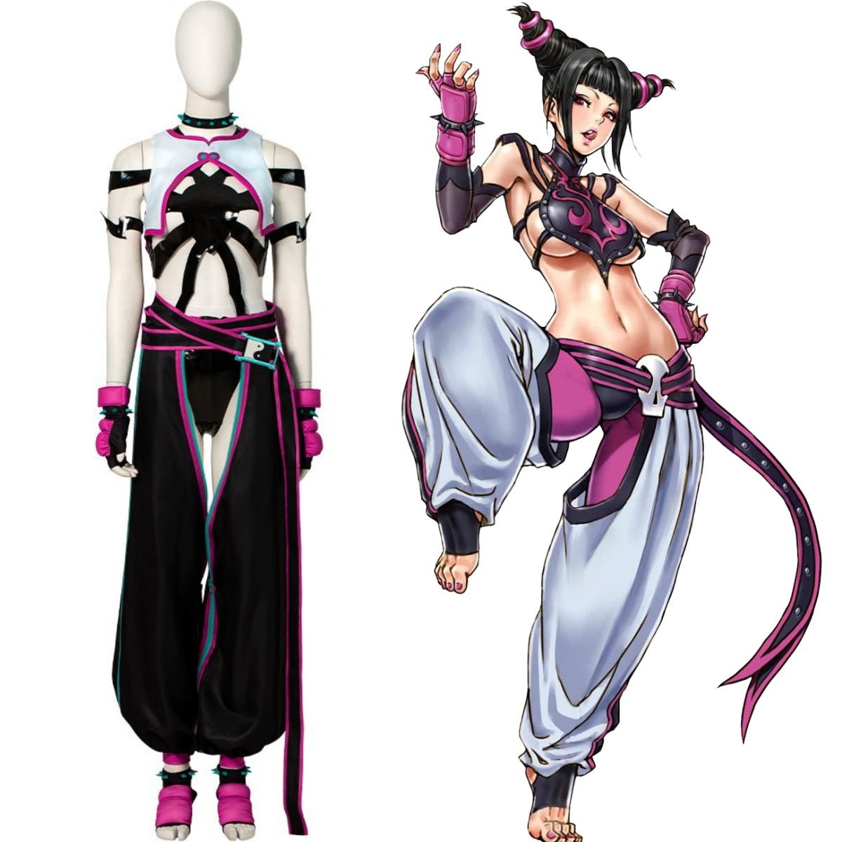 Street Fighter 6 Juri Cosplay Costume - Hollow Bodysuit Vest Pants Set with Gloves Belt - Coscosmos
