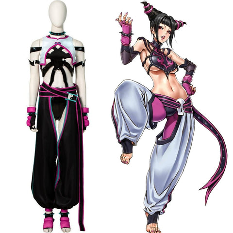 Street Fighter 6 Juri Cosplay Costume - Hollow Bodysuit Vest Pants Set with Gloves Belt - Coscosmos
