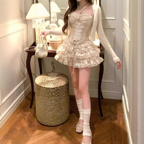Sweet Bow Cami Top & Ruffled Cake Mini Skirt Two Piece Outfit - Coscosmos