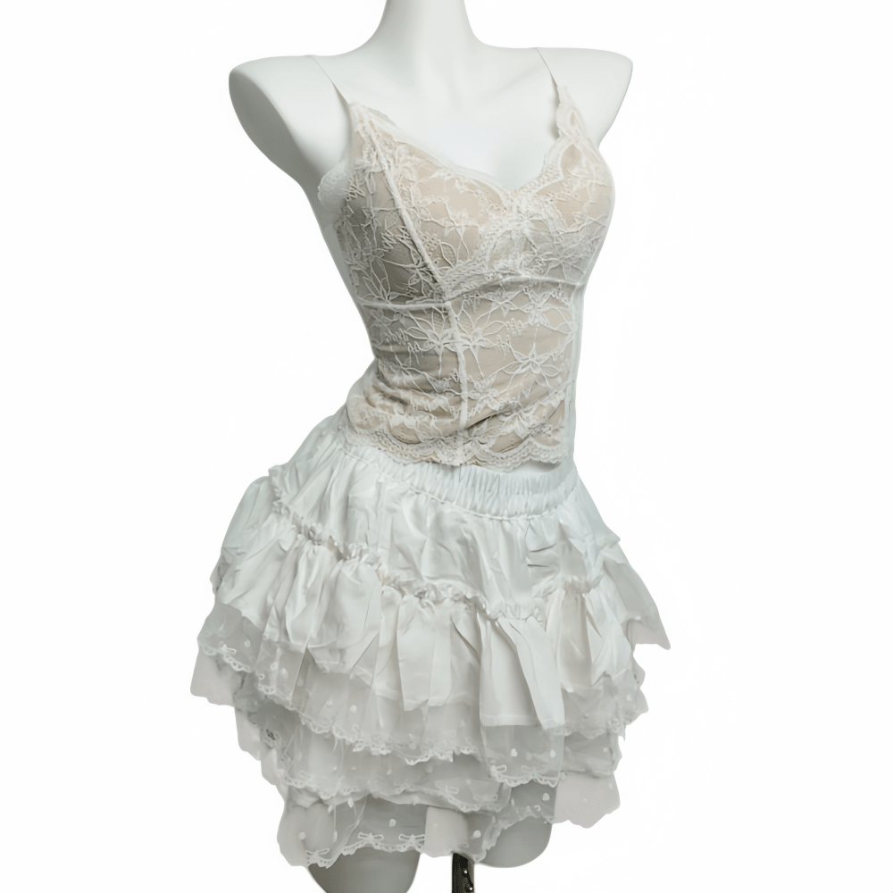 Sweetheart Neckline Flowy A - Line Skirt with Tiered Ruffle Hem - High Waist Plaid Ballet Mini Skirt - Coscosmos