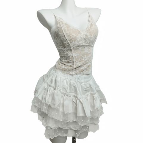 Sweetheart Neckline Flowy A - Line Skirt with Tiered Ruffle Hem - High Waist Plaid Ballet Mini Skirt - Coscosmos