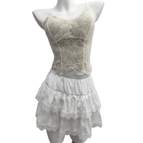 Sweetheart Neckline Flowy A - Line Skirt with Tiered Ruffle Hem - High Waist Plaid Ballet Mini Skirt - Coscosmos