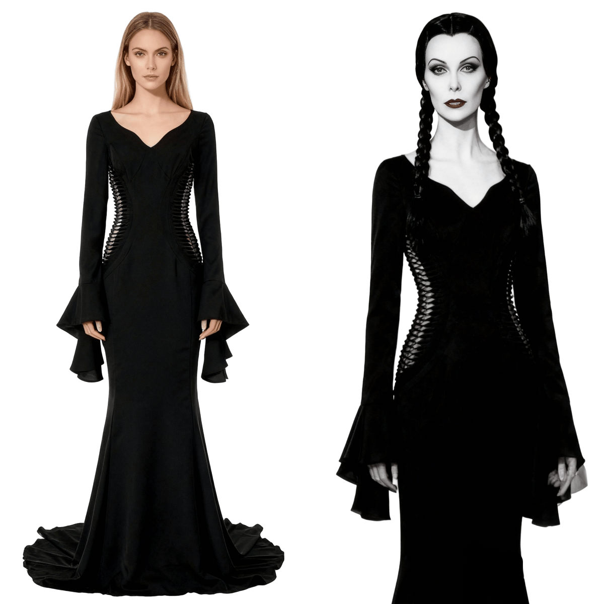 The Addams Family Morticia Addams Cosplay Costume Black Vintage Dress Halloween Carnival Suit - Coscosmos