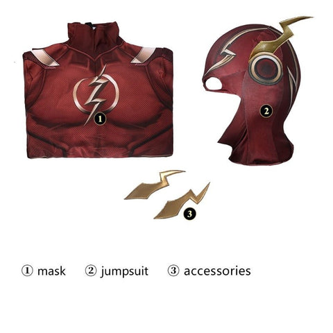 The Flash Barry Allen Halloween Cosplay Costume Superhero 3D Print Jumpsuit Mask for Kids - Coscosmos