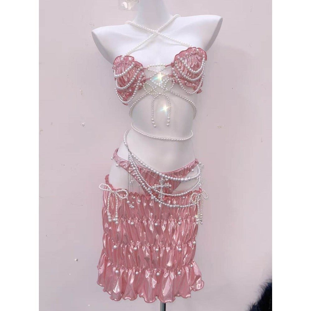 The Little Mermaid Pearl Chain Ruffled Strapless Dress Cross Tie Vest Sweet Spicy Cosplay Costume - Coscosmos