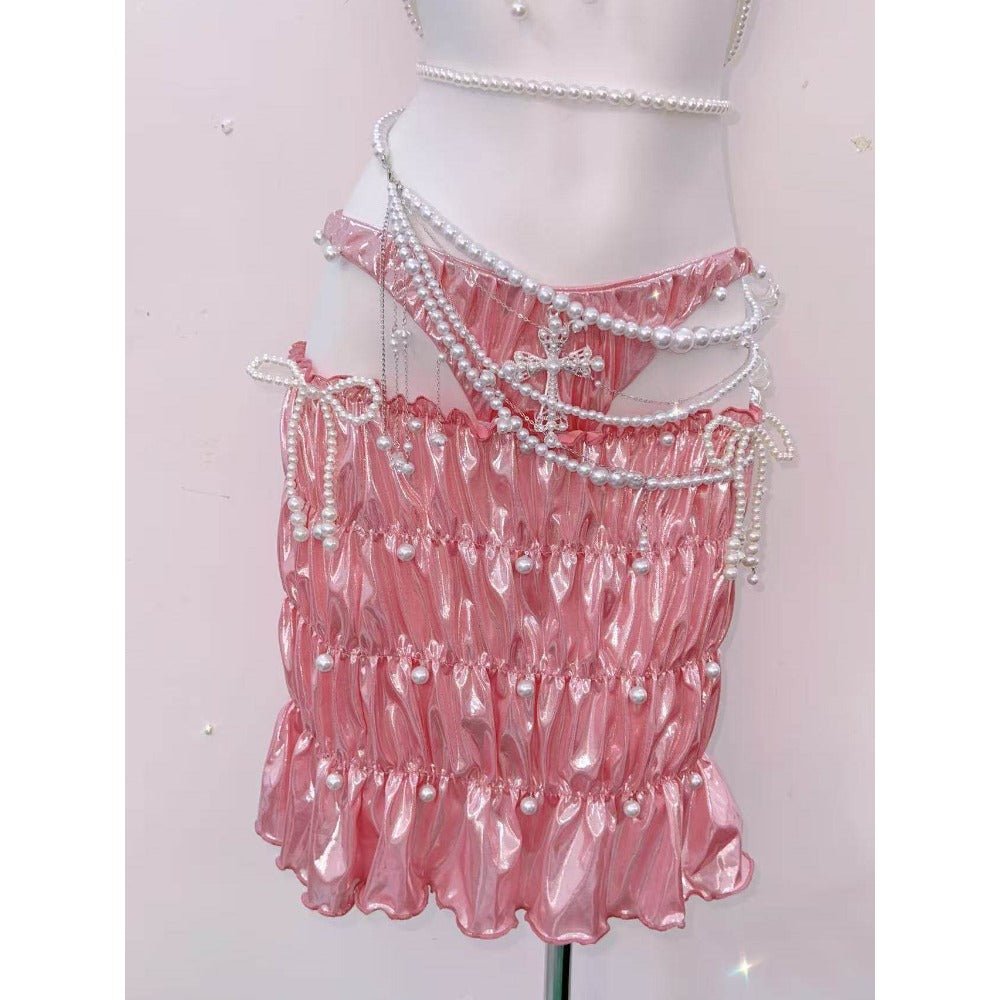 The Little Mermaid Pearl Chain Ruffled Strapless Dress Cross Tie Vest Sweet Spicy Cosplay Costume - Coscosmos