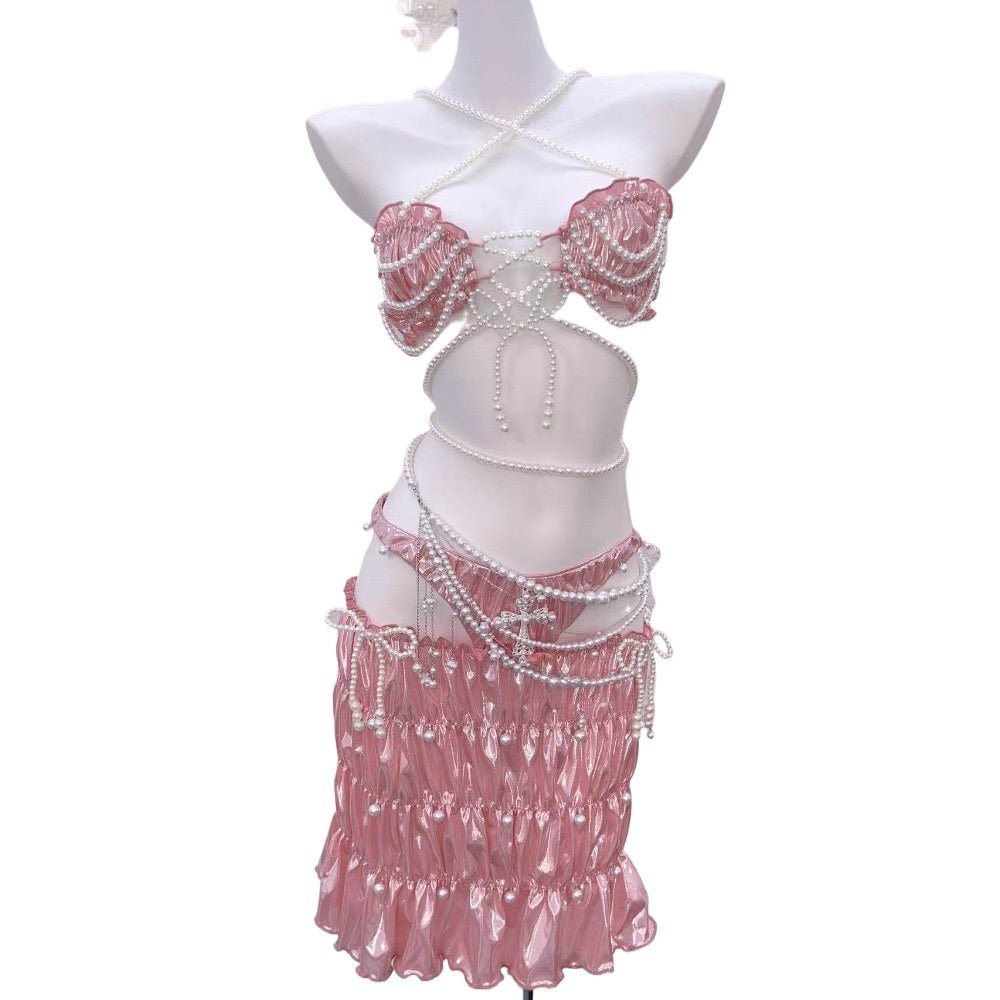 The Little Mermaid Pearl Chain Ruffled Strapless Dress Cross Tie Vest Sweet Spicy Cosplay Costume - Coscosmos