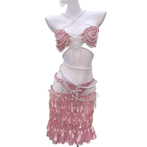 The Little Mermaid Pearl Chain Ruffled Strapless Dress Cross Tie Vest Sweet Spicy Cosplay Costume - Coscosmos