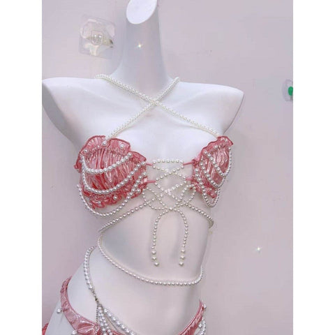 The Little Mermaid Pearl Chain Ruffled Strapless Dress Cross Tie Vest Sweet Spicy Cosplay Costume - Coscosmos