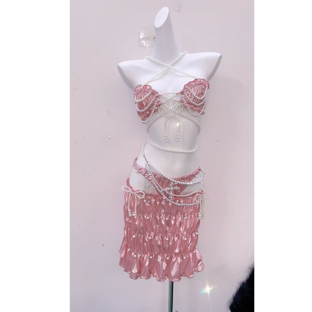 The Little Mermaid Pearl Chain Ruffled Strapless Dress Cross Tie Vest Sweet Spicy Cosplay Costume - Coscosmos
