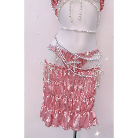 The Little Mermaid Pearl Chain Ruffled Strapless Dress Cross Tie Vest Sweet Spicy Cosplay Costume - Coscosmos