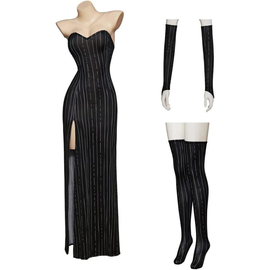 The Nightmare Before Christmas Jack Skellington Women's Costume Set with Dress, Stockings, and Gloves - Coscosmos