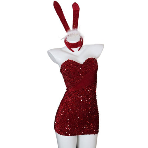 Velvet Glitter Cosplay Bunny Christmas Outfit - Festive Party Dress for Holiday Dates & Nights Out - Coscosmos