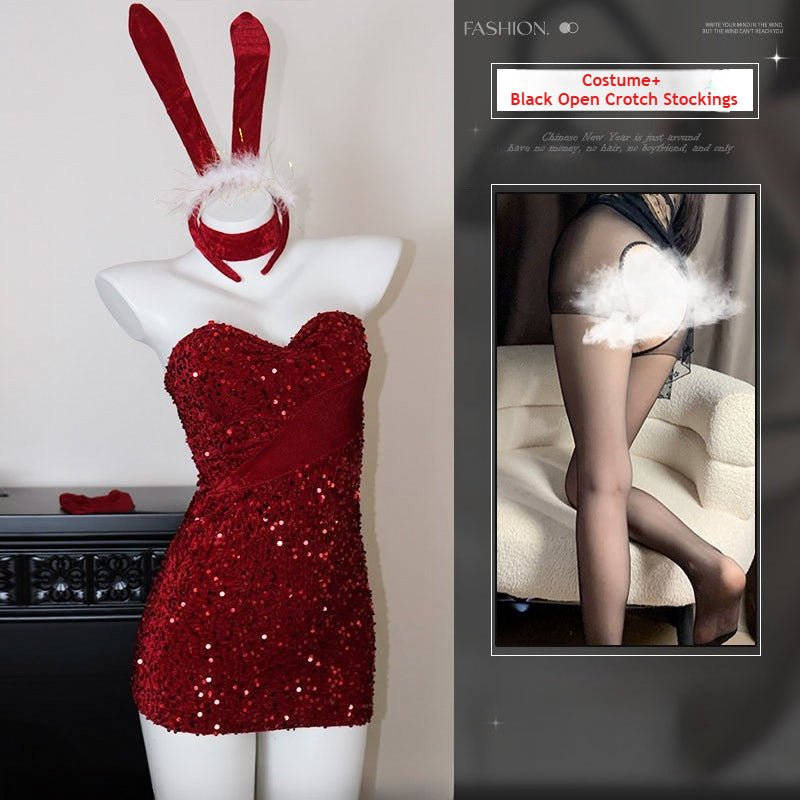 Velvet Glitter Cosplay Bunny Christmas Outfit - Festive Party Dress for Holiday Dates & Nights Out - Coscosmos
