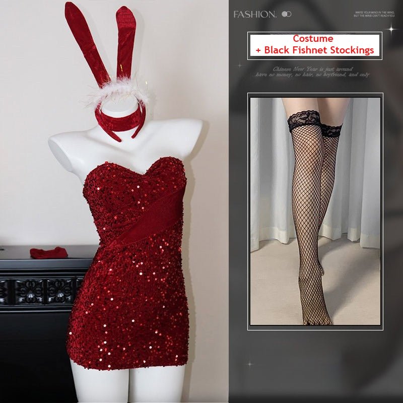 Velvet Glitter Cosplay Bunny Christmas Outfit - Festive Party Dress for Holiday Dates & Nights Out - Coscosmos