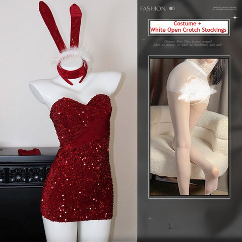 Velvet Glitter Cosplay Bunny Christmas Outfit - Festive Party Dress for Holiday Dates & Nights Out - Coscosmos