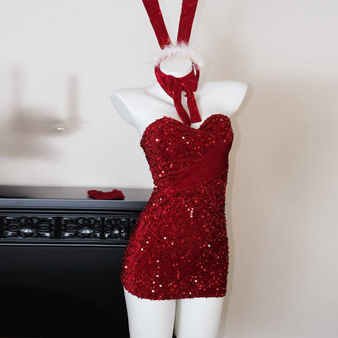 Velvet Glitter Cosplay Bunny Christmas Outfit - Festive Party Dress for Holiday Dates & Nights Out - Coscosmos