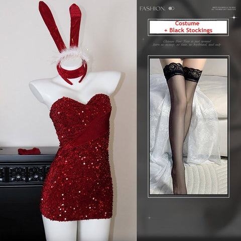 Velvet Glitter Cosplay Bunny Christmas Outfit - Festive Party Dress for Holiday Dates & Nights Out - Coscosmos