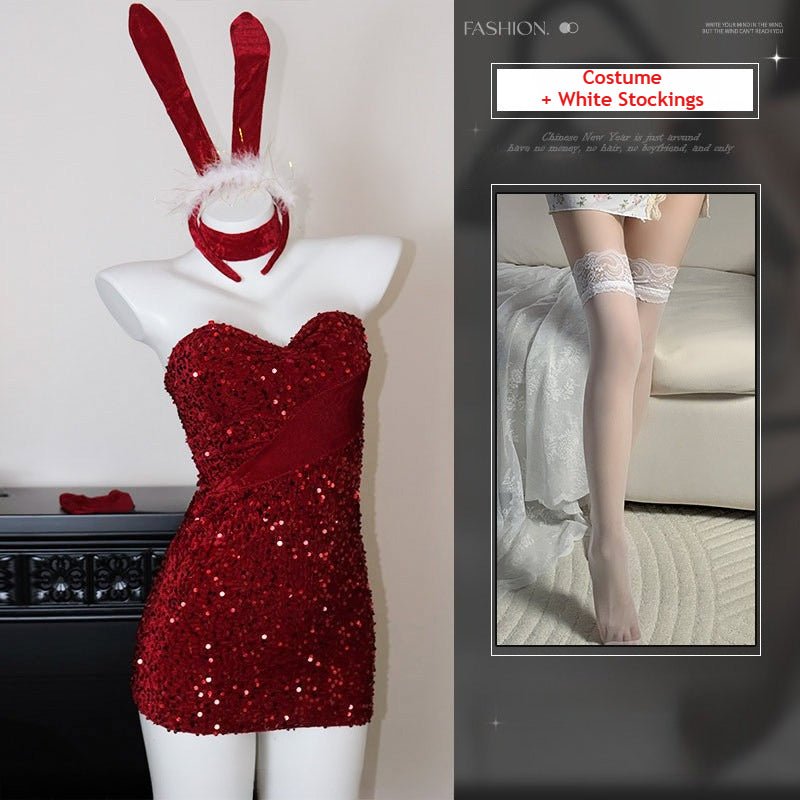 Velvet Glitter Cosplay Bunny Christmas Outfit - Festive Party Dress for Holiday Dates & Nights Out - Coscosmos