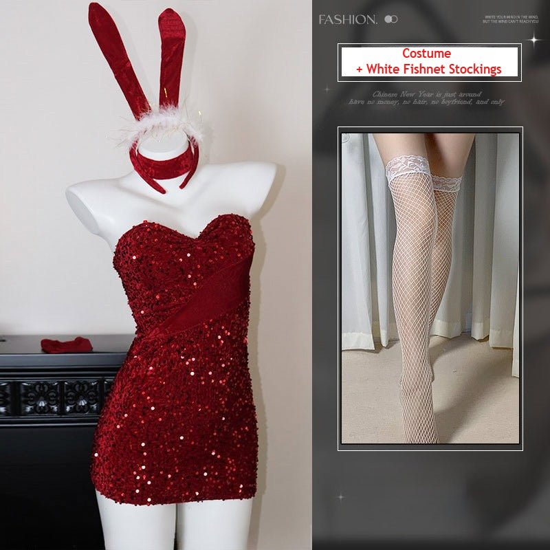 Velvet Glitter Cosplay Bunny Christmas Outfit - Festive Party Dress for Holiday Dates & Nights Out - Coscosmos