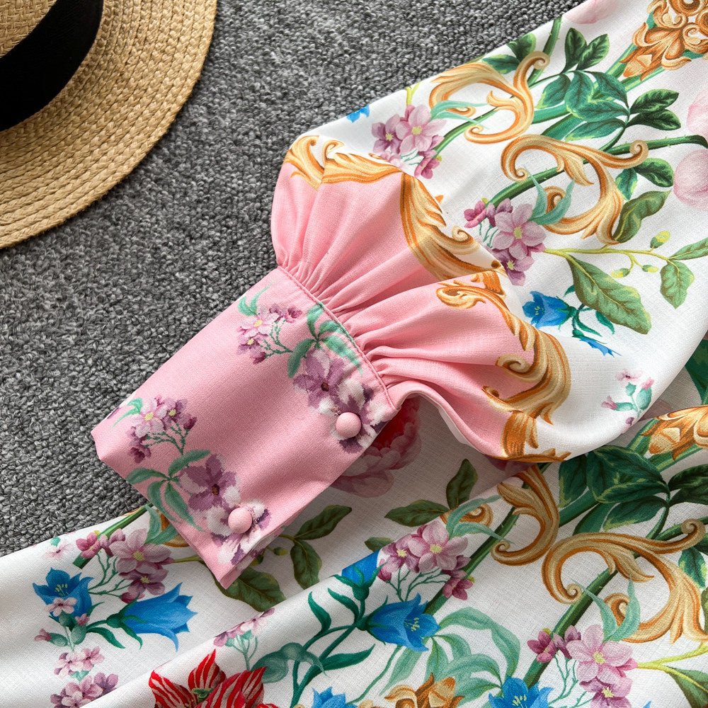 Versailles Summer: French V - Neck Floral Baroque Mini Dress with Lantern Sleeves and Belted Waist - Coscosmos